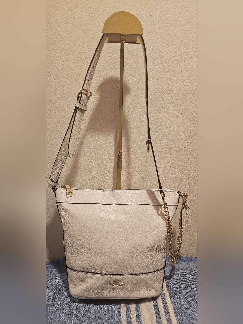 Coach Cream Pebbled Leather Shoulder Bag with Gold Chain Accent